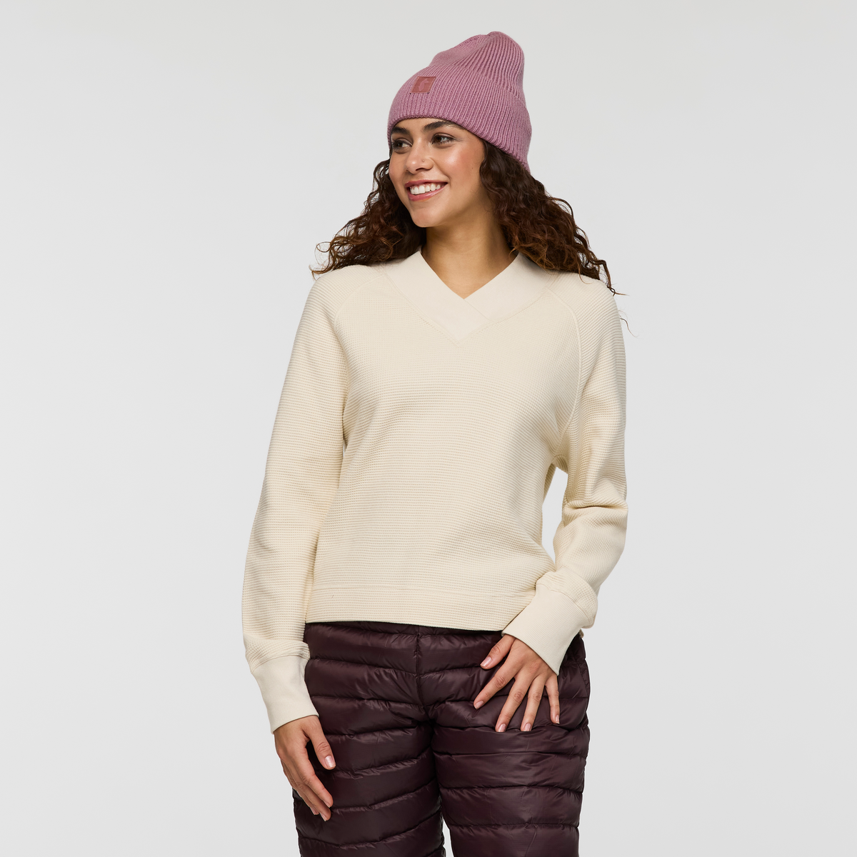 Atajo Long-Sleeve Waffle V-Neck - Women's - Cream - US 7306